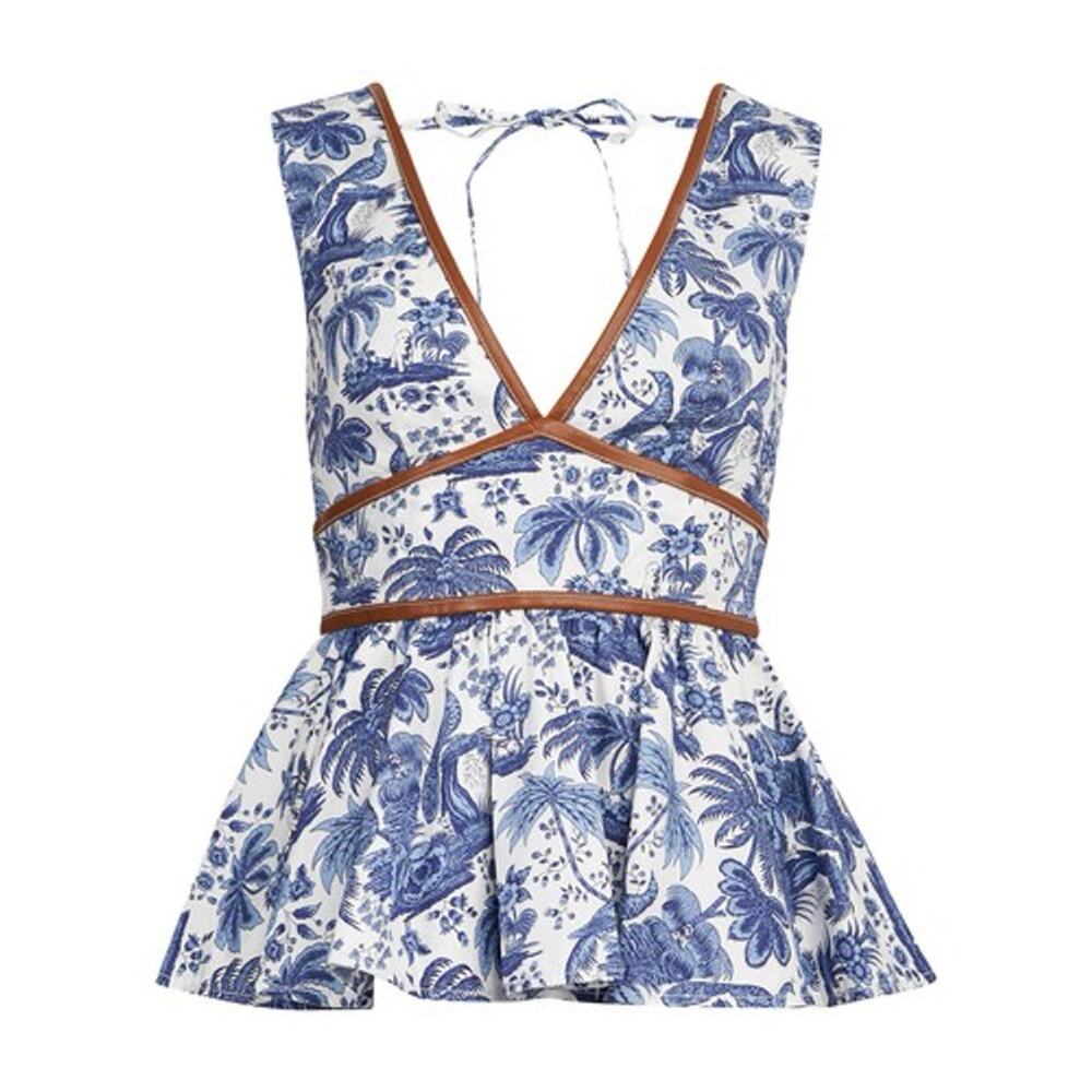 STAUD Blue and White Floral Blouse